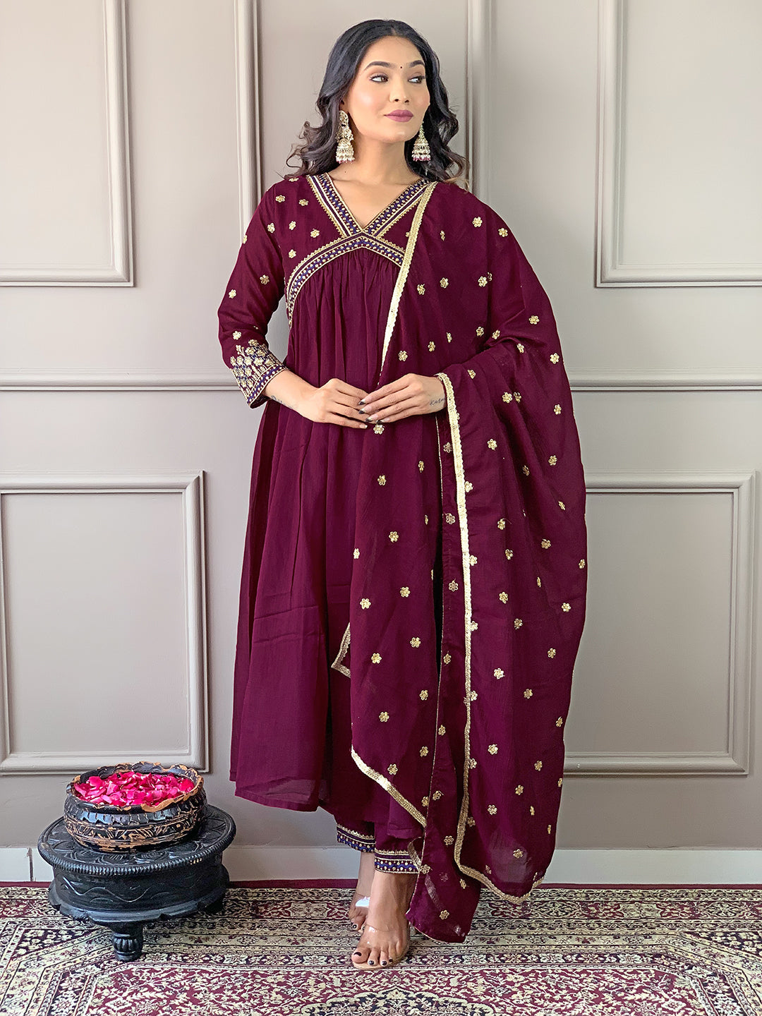 The52 Women's Vichitra Silk Fabric Alia Cut Kurta, Pant and Dupatta Set | Grocsy