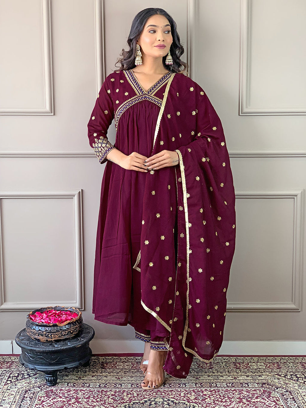 The52 Women's Vichitra Silk Fabric Alia Cut Kurta, Pant and Dupatta Set | Grocsy