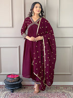 The52 Women's Vichitra Silk Fabric Alia Cut Kurta, Pant and Dupatta Set | Grocsy