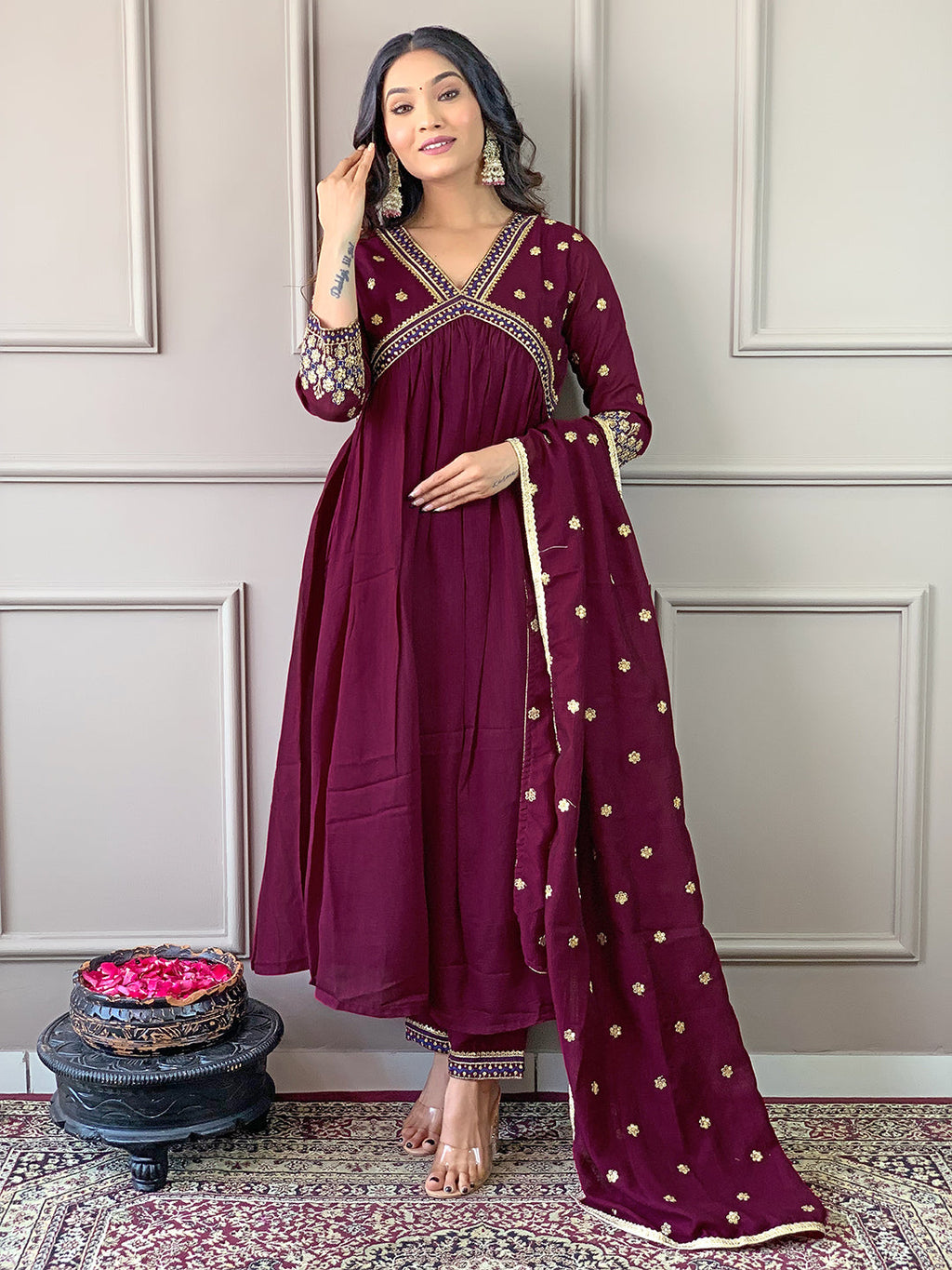 The52 Women's Vichitra Silk Fabric Alia Cut Kurta, Pant and Dupatta Set | Grocsy