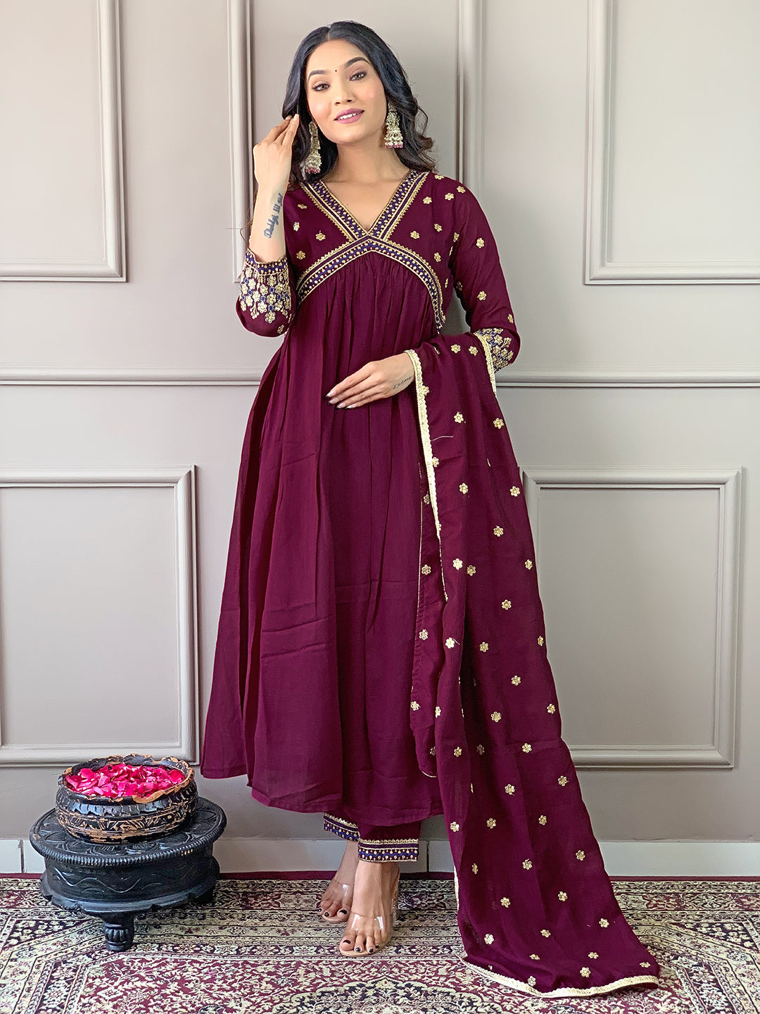 The52 Women's Vichitra Silk Fabric Alia Cut Kurta, Pant and Dupatta Set | Grocsy