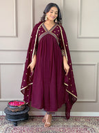 The52 Women's Vichitra Silk Fabric Alia Cut Kurta, Pant and Dupatta Set | Grocsy