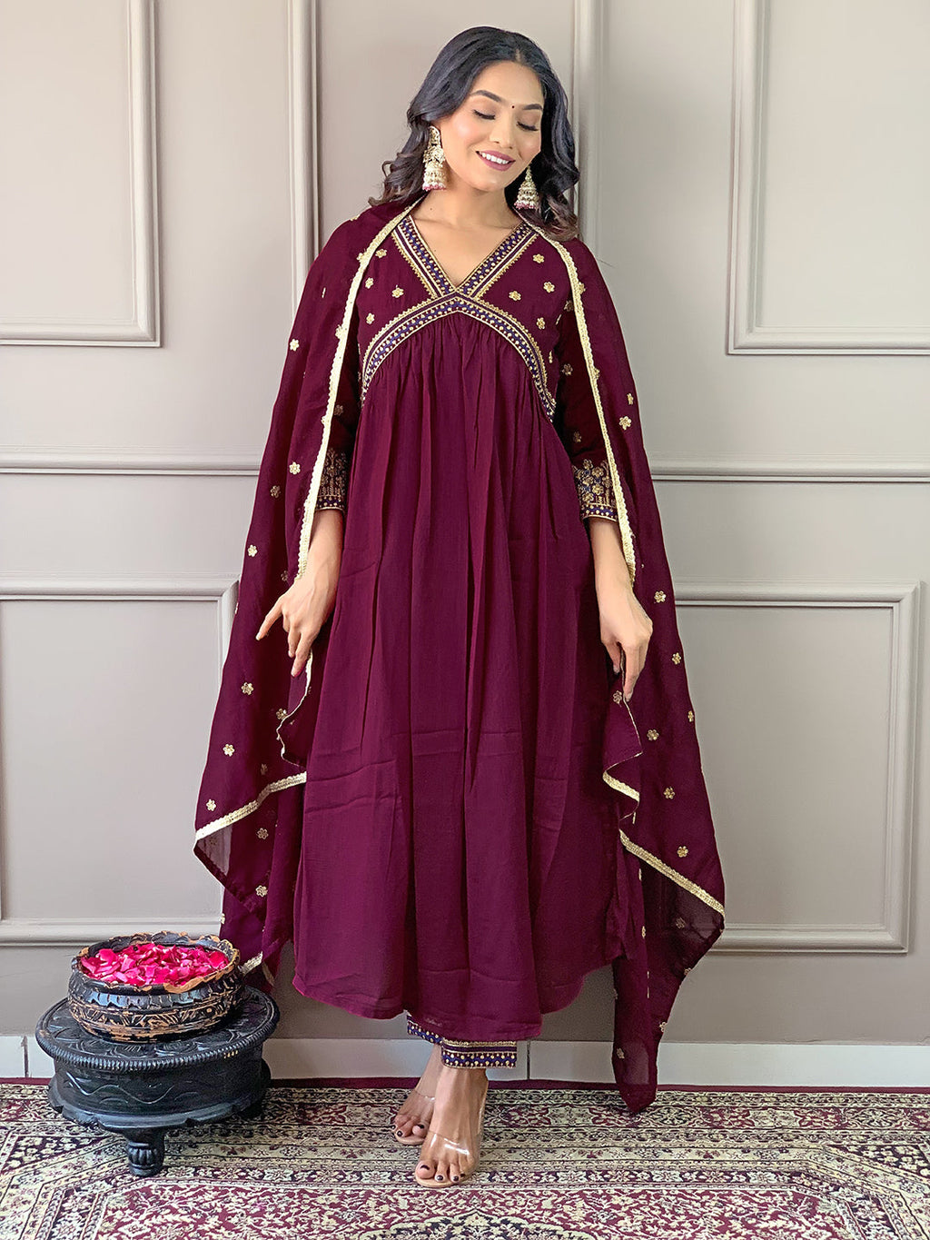 The52 Women's Vichitra Silk Fabric Alia Cut Kurta, Pant and Dupatta Set | Grocsy