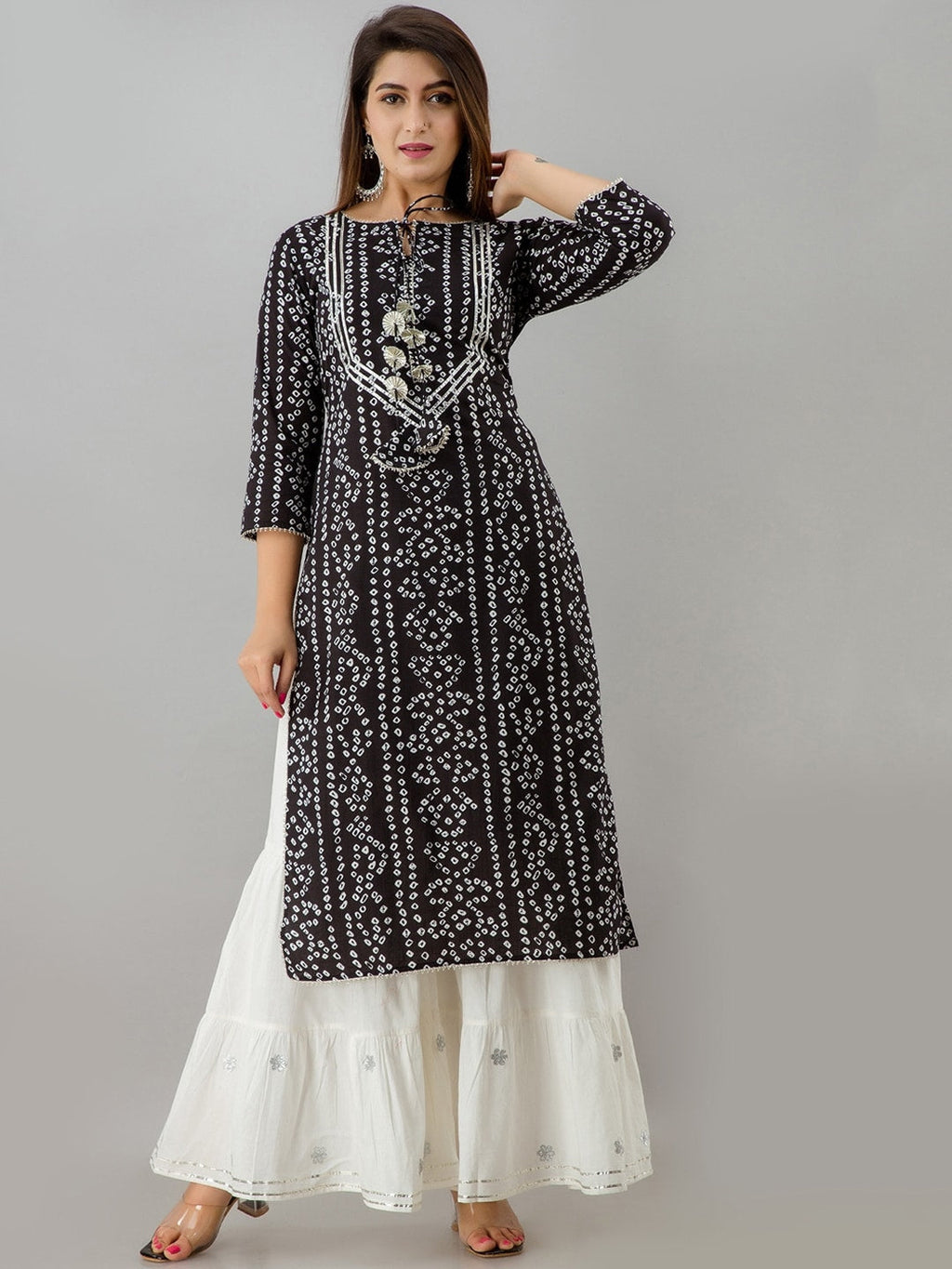 HERE&NOW Black Tie Up Neck Bandhani Printed Gotta Patti Kurta | Grocsy