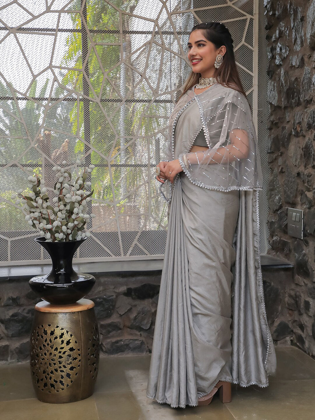 Tikhi Imli Embellished Border Sequinned Saree With Cape | Grocsy