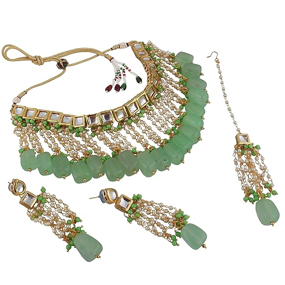 Tehzeeb Creations Back Meenakari Gold-Polished Square Shape Tika Earring Jewellery Set Uncut Kundan Big Faux Kundan Dibbi Kundan Choker Necklace Set | Grocsy