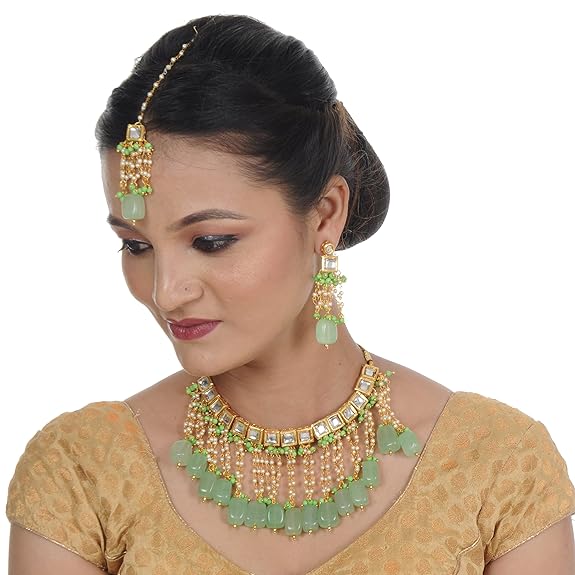 Tehzeeb Creations Back Meenakari Gold-Polished Square Shape Tika Earring Jewellery Set Uncut Kundan Big Faux Kundan Dibbi Kundan Choker Necklace Set | Grocsy