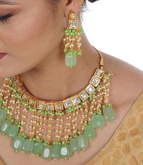Tehzeeb Creations Back Meenakari Gold-Polished Square Shape Tika Earring Jewellery Set Uncut Kundan Big Faux Kundan Dibbi Kundan Choker Necklace Set | Grocsy