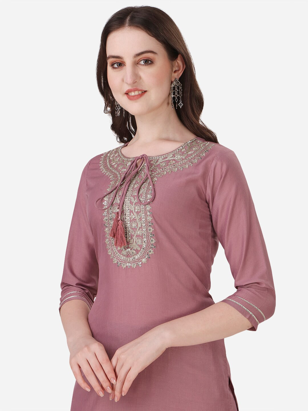 HERE&NOW Ethnic Motif Yoke Design Thread Work Kurta With Trousers | Grocsy