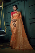 Vardha Coral Orange Golden Zari Banarasi Silk Saree | Grocsy