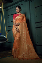 Vardha Coral Orange Golden Zari Banarasi Silk Saree | Grocsy