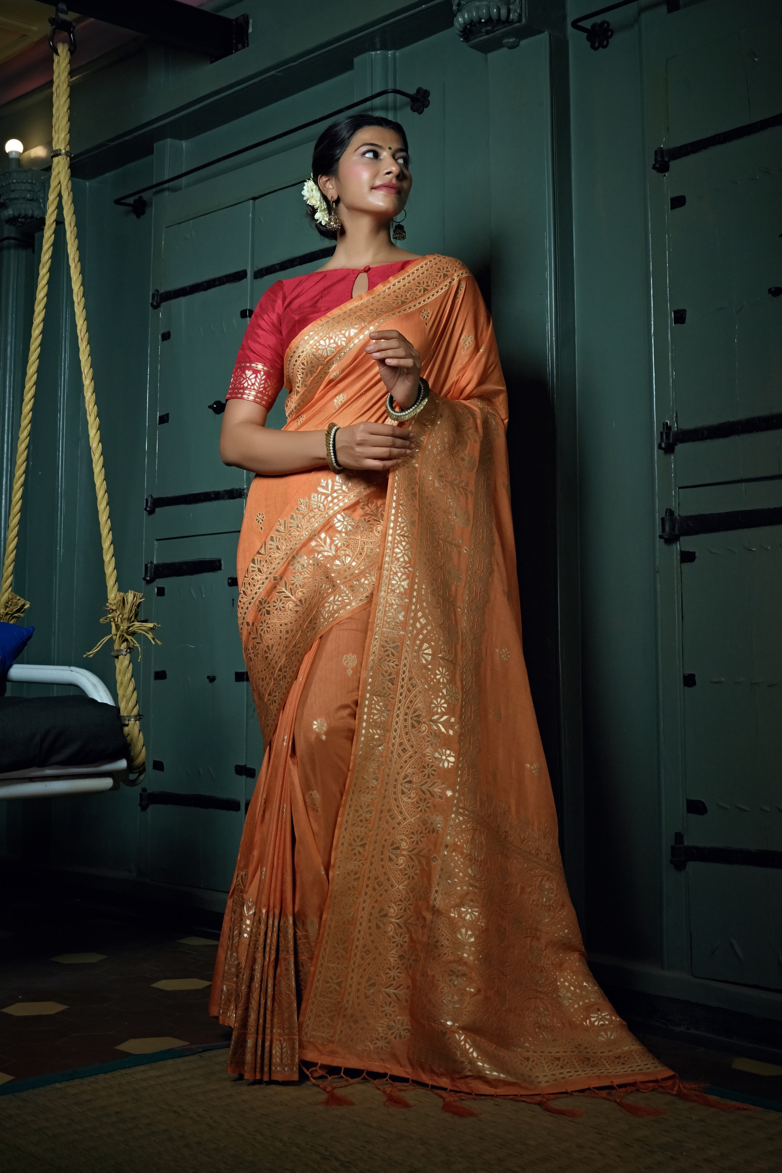 Vardha Coral Orange Golden Zari Banarasi Silk Saree | Grocsy