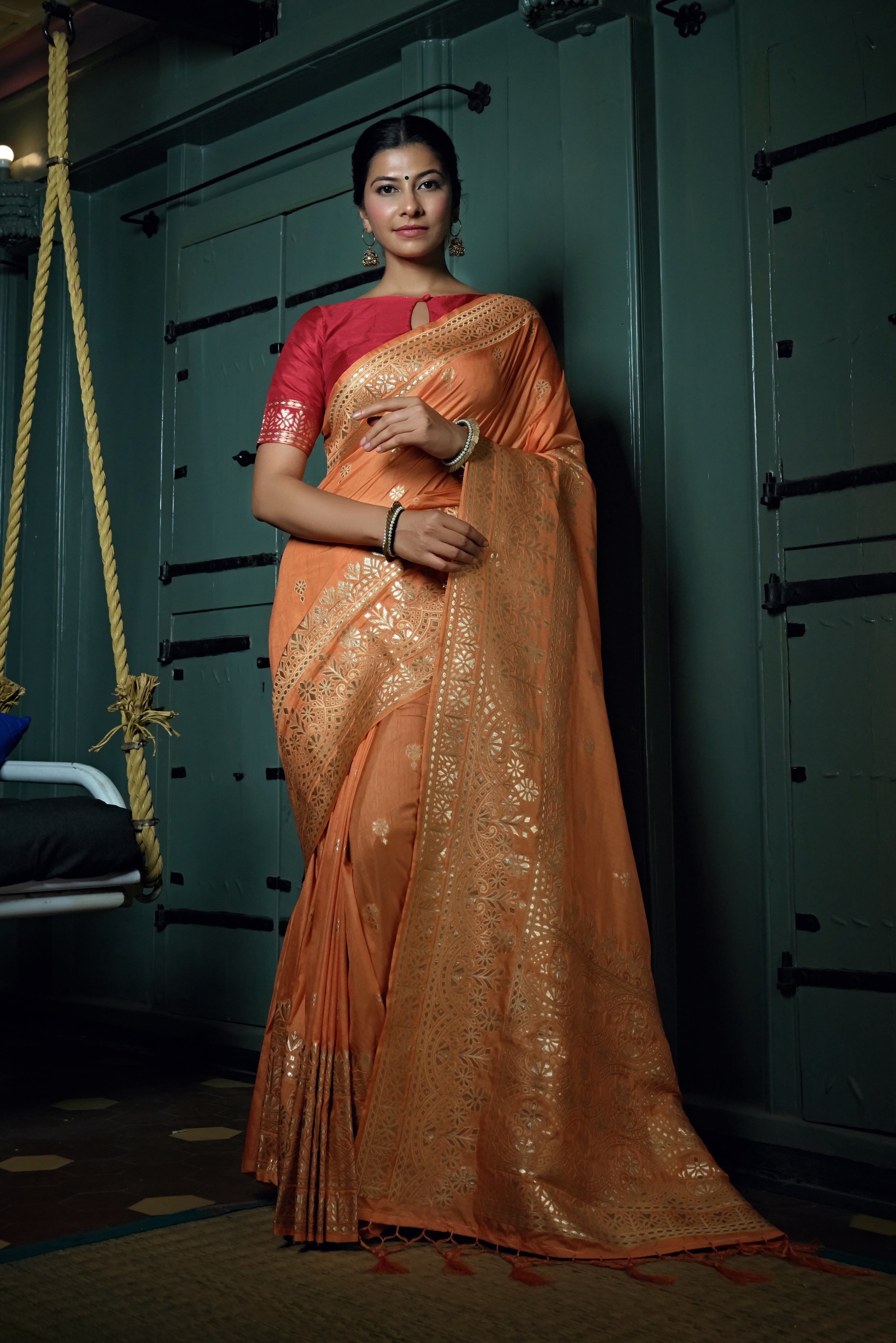 Vardha Coral Orange Golden Zari Banarasi Silk Saree | Grocsy