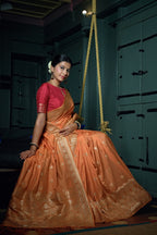Vardha Coral Orange Golden Zari Banarasi Silk Saree | Grocsy