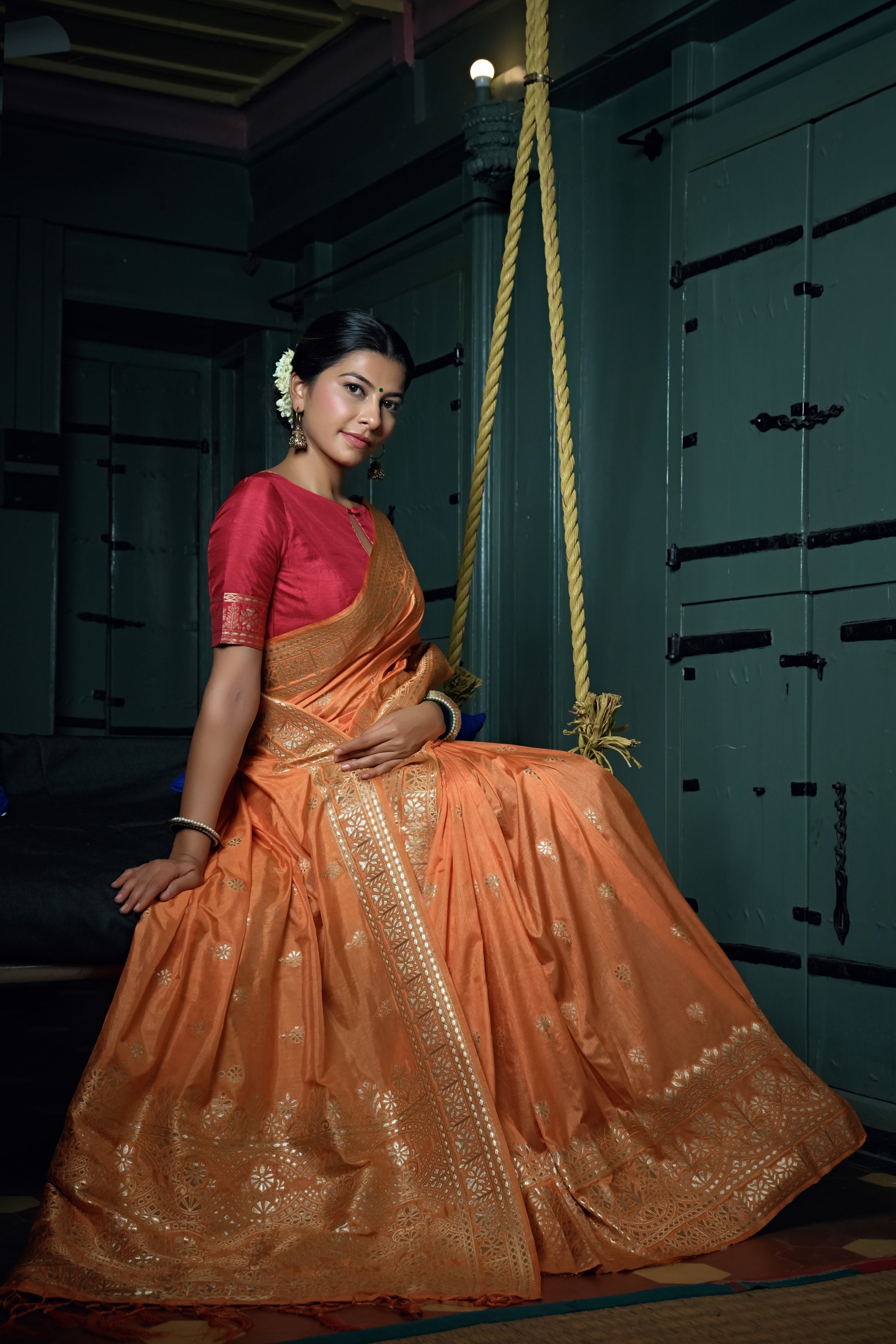 Vardha Coral Orange Golden Zari Banarasi Silk Saree | Grocsy