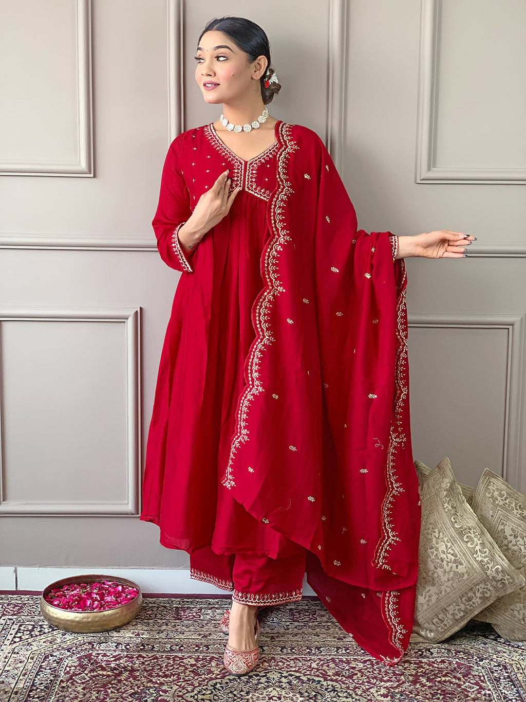 The52 Women's Vichitra Silk Fabric Alia Cut Kurta, Palazzo and Dupatta Set | Grocsy