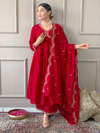 The52 Women's Vichitra Silk Fabric Alia Cut Kurta, Palazzo and Dupatta Set | Grocsy