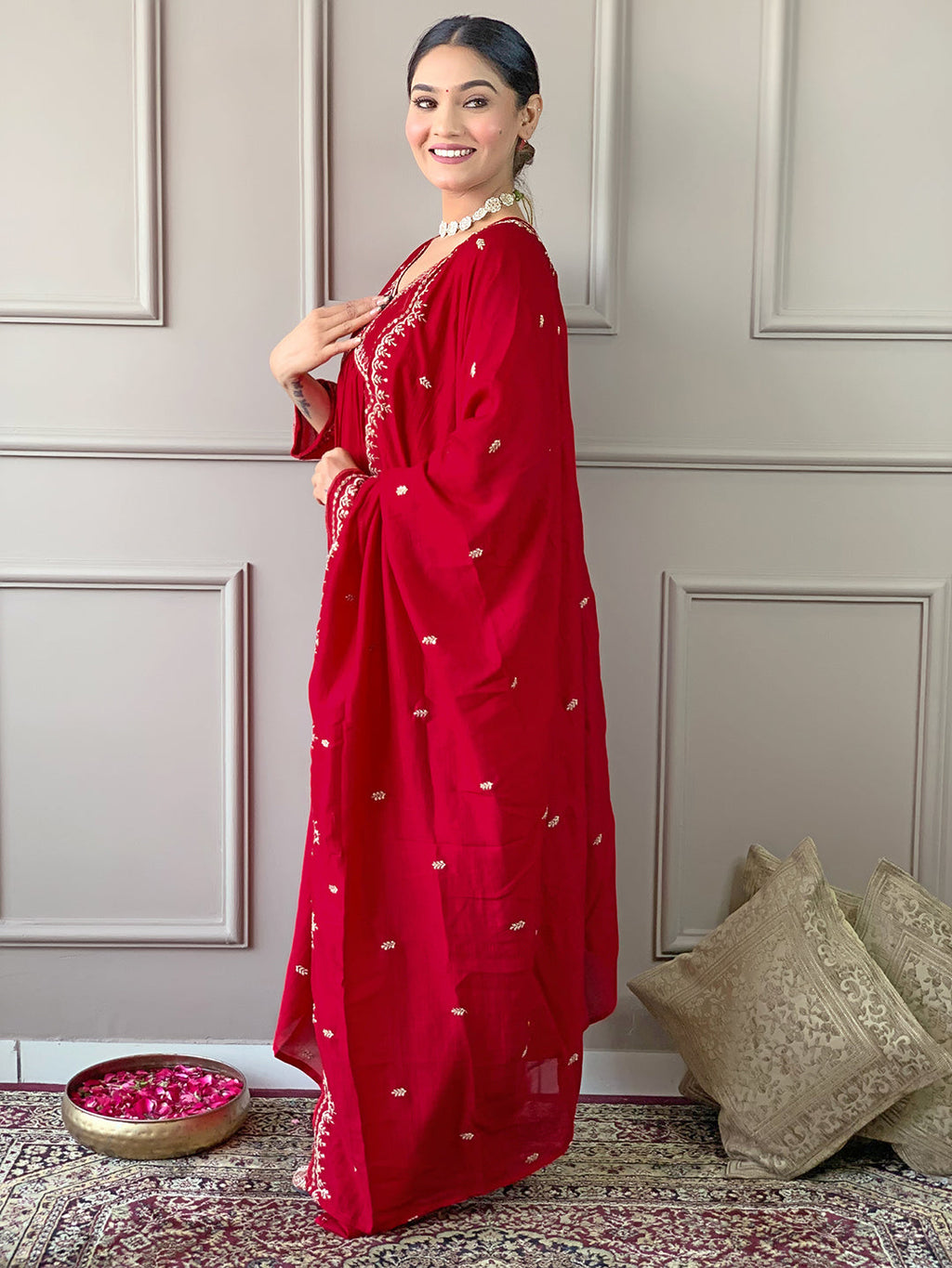 The52 Women's Vichitra Silk Fabric Alia Cut Kurta, Palazzo and Dupatta Set | Grocsy