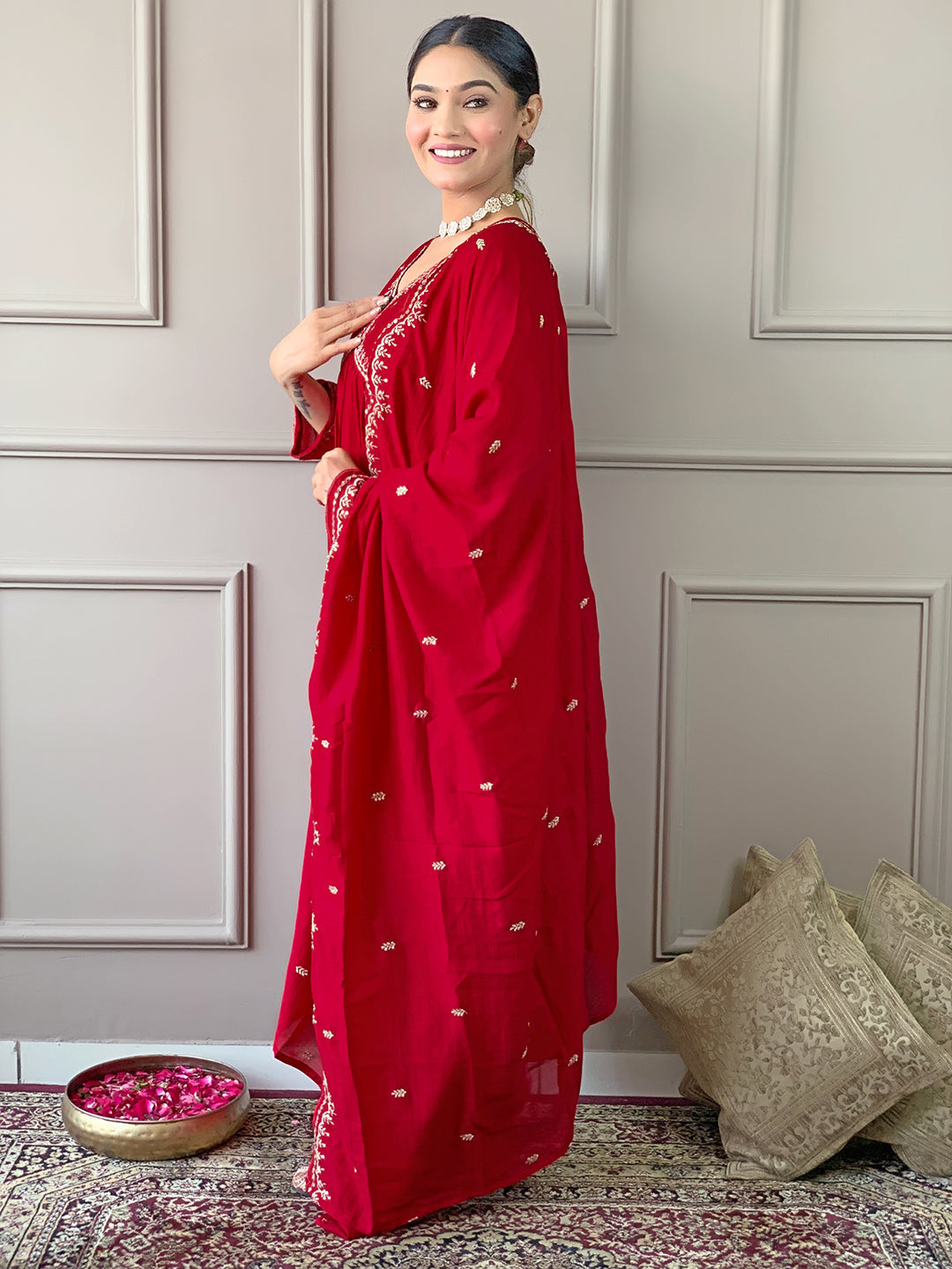 The52 Women's Vichitra Silk Fabric Alia Cut Kurta, Palazzo and Dupatta Set | Grocsy