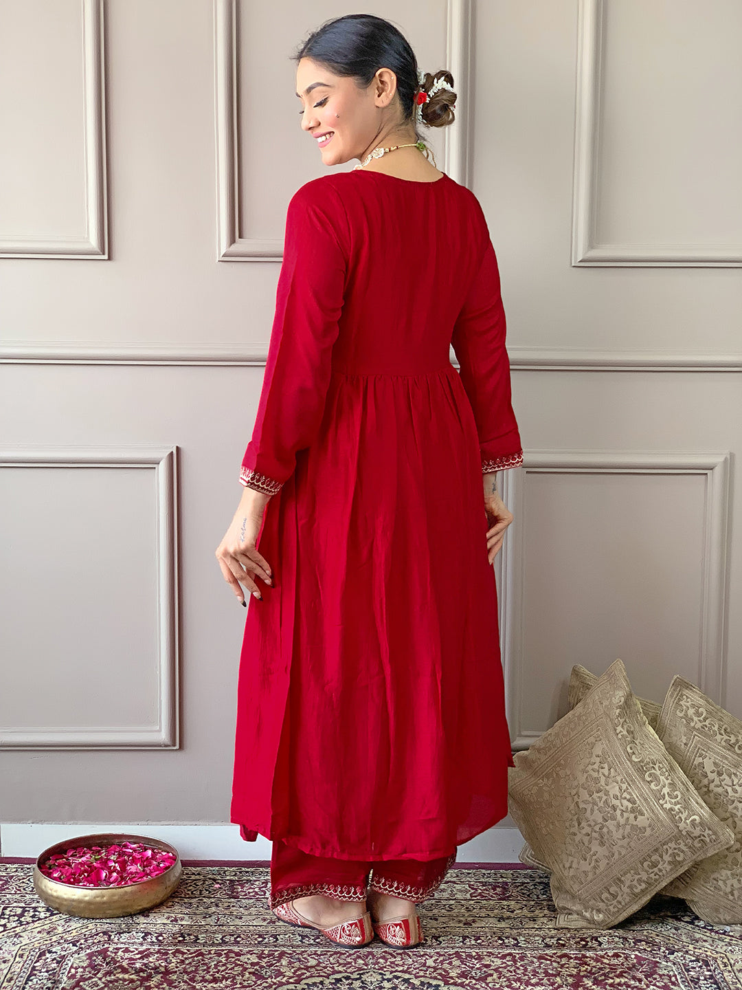 The52 Women's Vichitra Silk Fabric Alia Cut Kurta, Palazzo and Dupatta Set | Grocsy