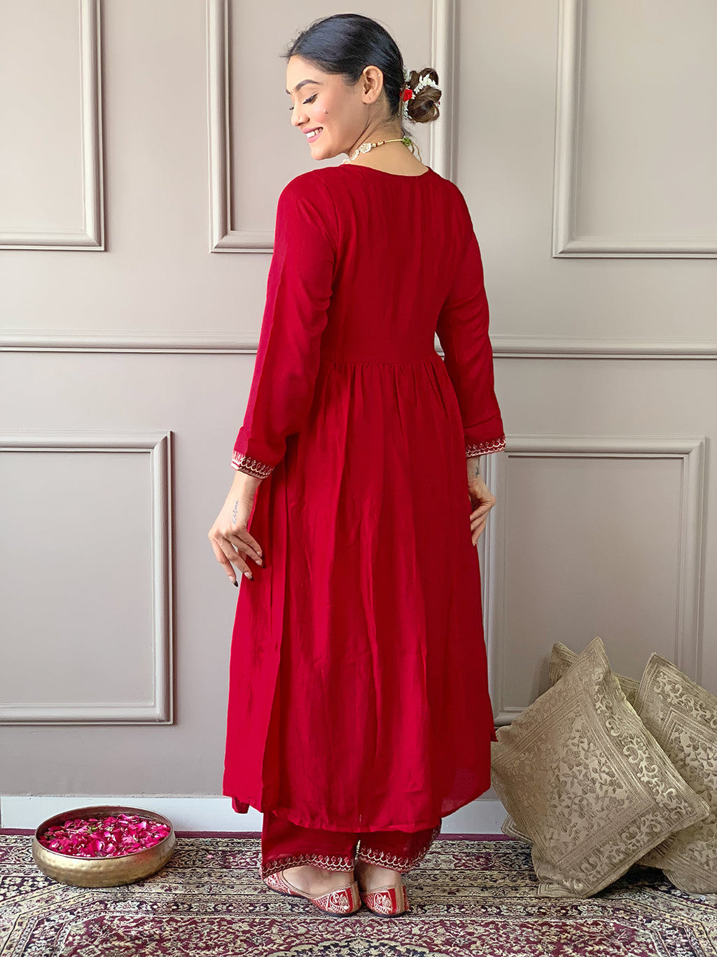 The52 Women's Vichitra Silk Fabric Alia Cut Kurta, Palazzo and Dupatta Set | Grocsy
