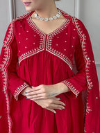 The52 Women's Vichitra Silk Fabric Alia Cut Kurta, Palazzo and Dupatta Set | Grocsy