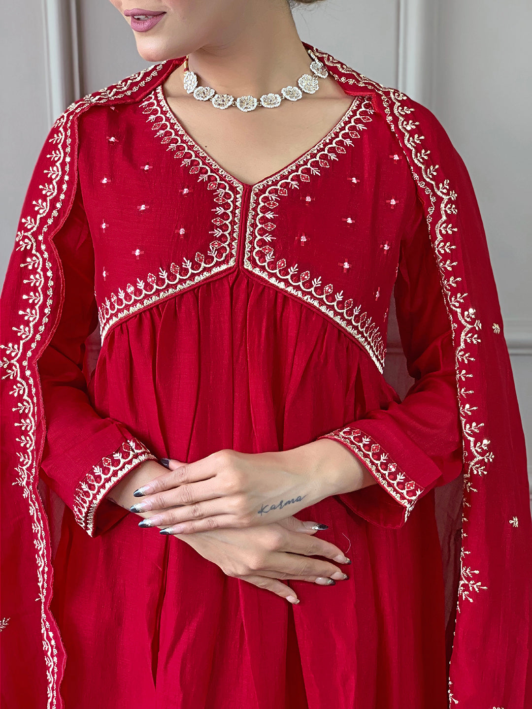 The52 Women's Vichitra Silk Fabric Alia Cut Kurta, Palazzo and Dupatta Set | Grocsy