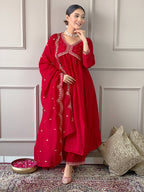 The52 Women's Vichitra Silk Fabric Alia Cut Kurta, Palazzo and Dupatta Set | Grocsy