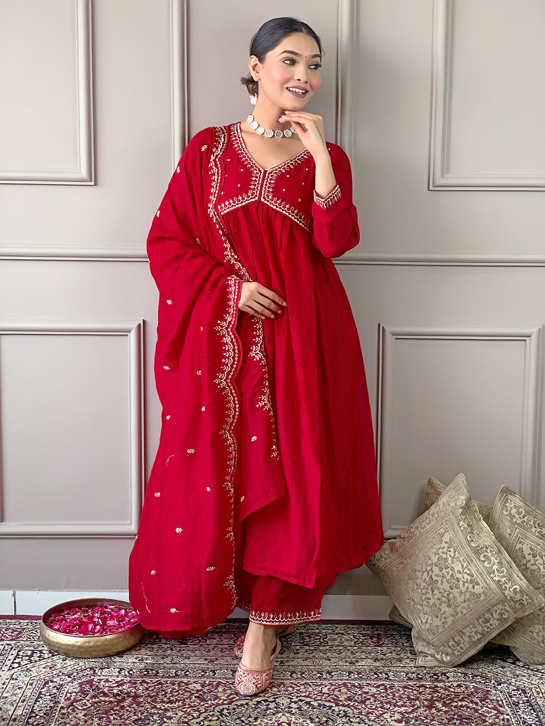 The52 Women's Vichitra Silk Fabric Alia Cut Kurta, Palazzo and Dupatta Set | Grocsy