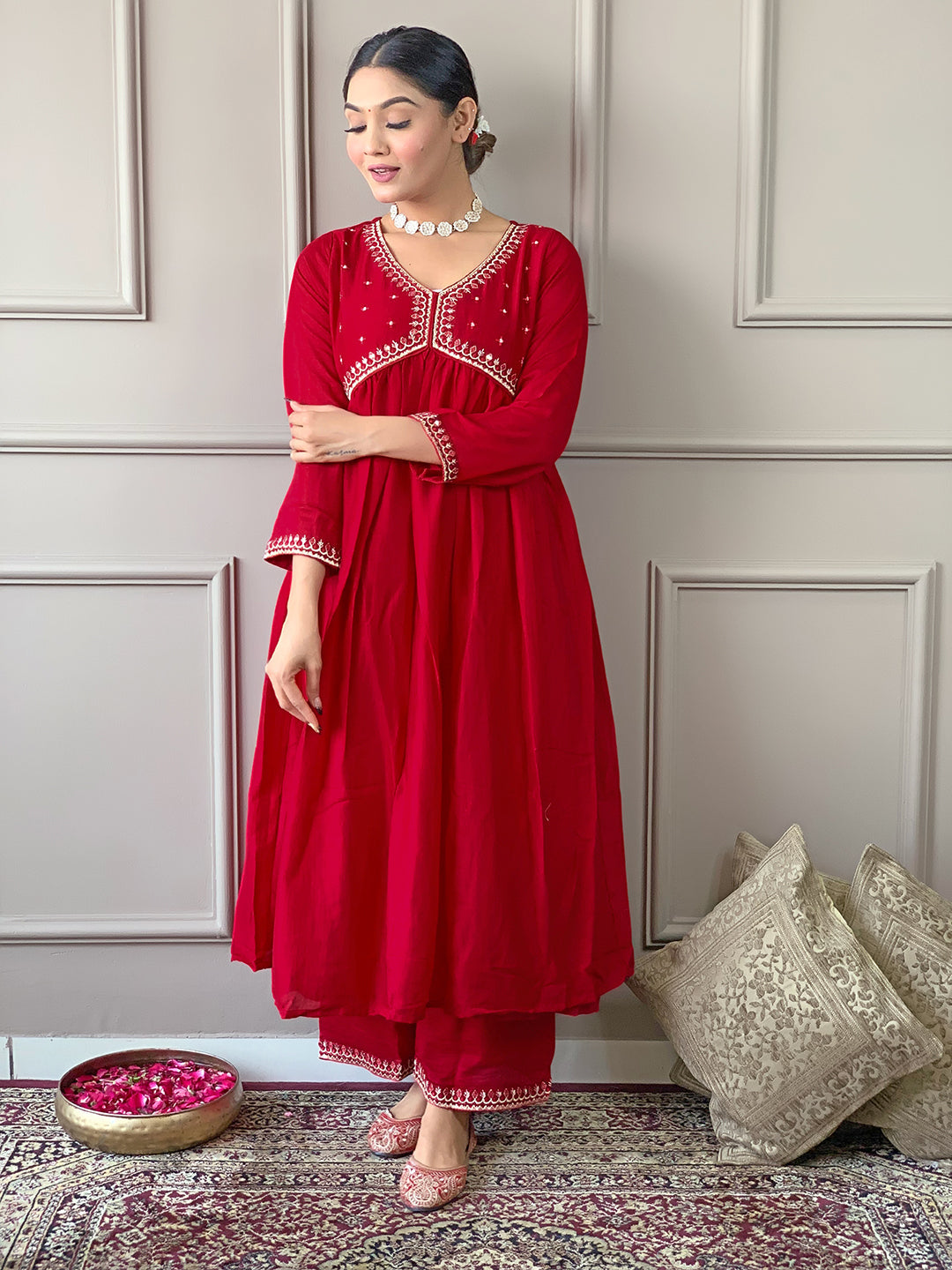 The52 Women's Vichitra Silk Fabric Alia Cut Kurta, Palazzo and Dupatta Set | Grocsy