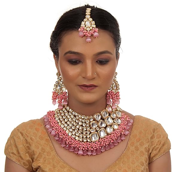Tehzeeb Creations Meenakari Gold-Polished Pink color Uncut dibbi Kundan Combo Necklace Set | Grocsy