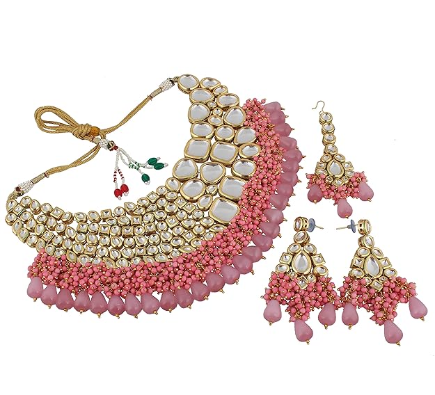 Tehzeeb Creations Meenakari Gold-Polished Pink color Uncut dibbi Kundan Combo Necklace Set | Grocsy