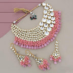 Tehzeeb Creations Meenakari Gold-Polished Pink color Uncut dibbi Kundan Combo Necklace Set | Grocsy