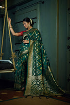 Vardha Phthalo Green Golden Zari Banarasi Silk Saree | Grocsy