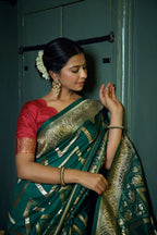 Vardha Phthalo Green Golden Zari Banarasi Silk Saree | Grocsy
