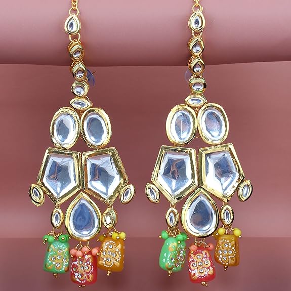 Tehzeeb Creations Back Meenakari Gold-Polished Multicolor Color Tika Earring Jewellery Set Uncut Big Faux Kundan Dibbi Kundan Choker Necklace Set | Grocsy