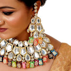 Tehzeeb Creations Back Meenakari Gold-Polished Multicolor Color Tika Earring Jewellery Set Uncut Big Faux Kundan Dibbi Kundan Choker Necklace Set | Grocsy