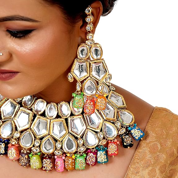 Tehzeeb Creations Back Meenakari Gold-Polished Multicolor Color Tika Earring Jewellery Set Uncut Big Faux Kundan Dibbi Kundan Choker Necklace Set | Grocsy