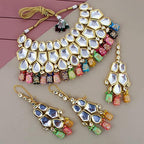 Tehzeeb Creations Back Meenakari Gold-Polished Multicolor Color Tika Earring Jewellery Set Uncut Big Faux Kundan Dibbi Kundan Choker Necklace Set | Grocsy