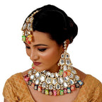 Tehzeeb Creations Back Meenakari Gold-Polished Multicolor Color Tika Earring Jewellery Set Uncut Big Faux Kundan Dibbi Kundan Choker Necklace Set | Grocsy