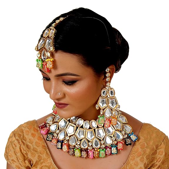 Tehzeeb Creations Back Meenakari Gold-Polished Multicolor Color Tika Earring Jewellery Set Uncut Big Faux Kundan Dibbi Kundan Choker Necklace Set | Grocsy