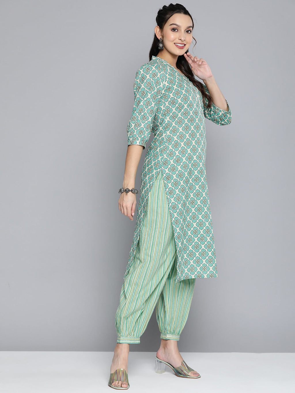 HERE&NOW Women Off White Ethnic Motifs Printed Pure Cotton Kurta with Palazzos & With Dupatta | Grocsy
