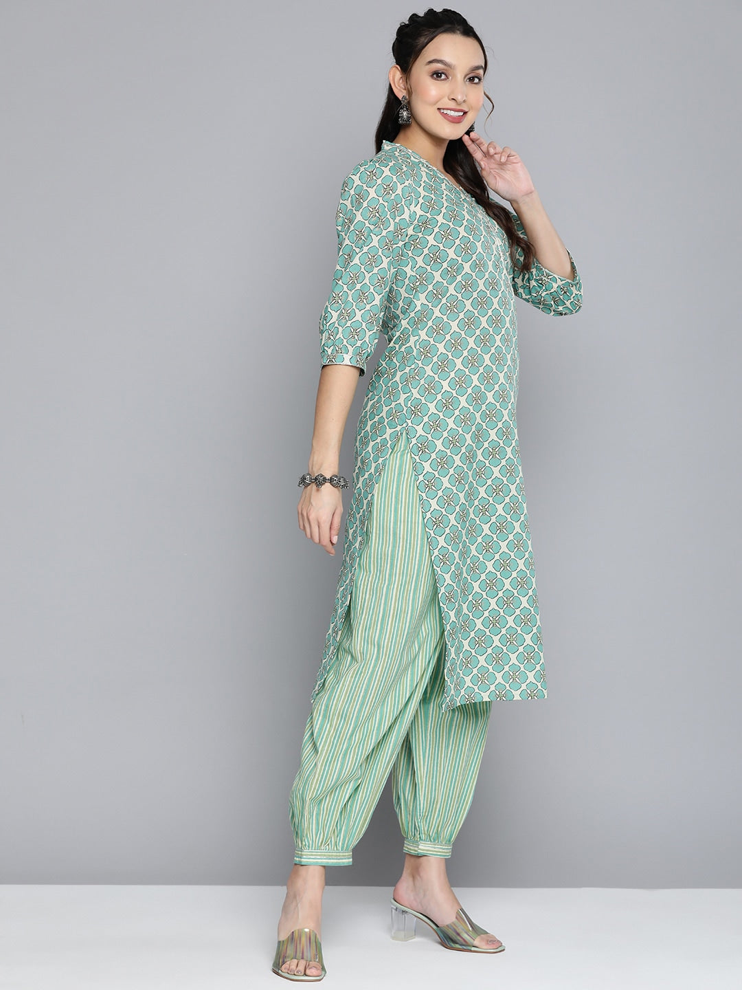 HERE&NOW Women Off White Ethnic Motifs Printed Pure Cotton Kurta with Palazzos & With Dupatta | Grocsy