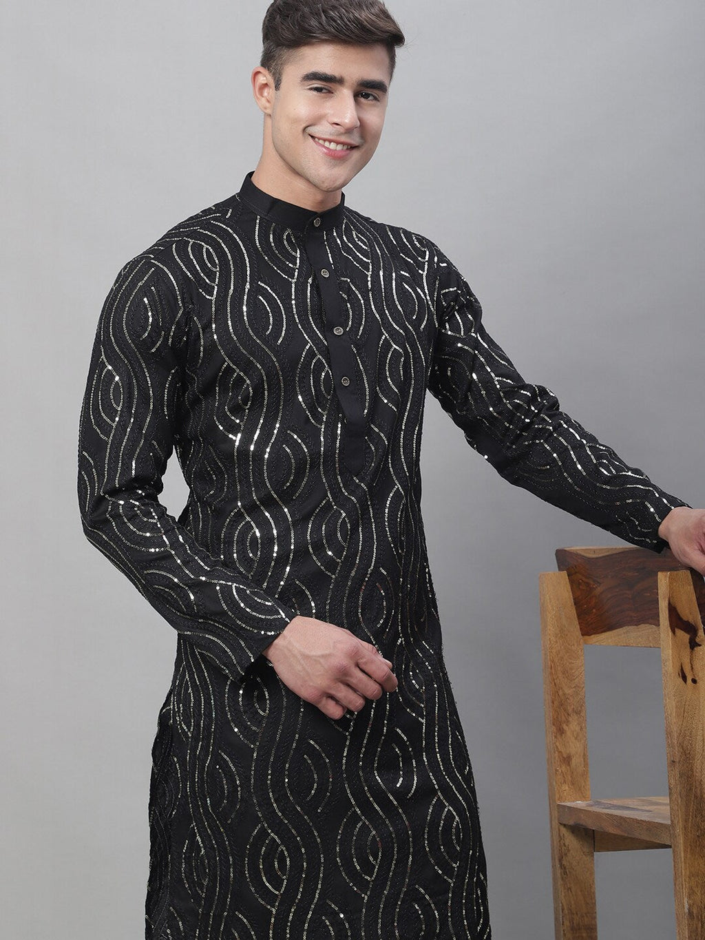 Sojanya Sequined Mandarin Collar Pure Cotton Kurta | Grocsy