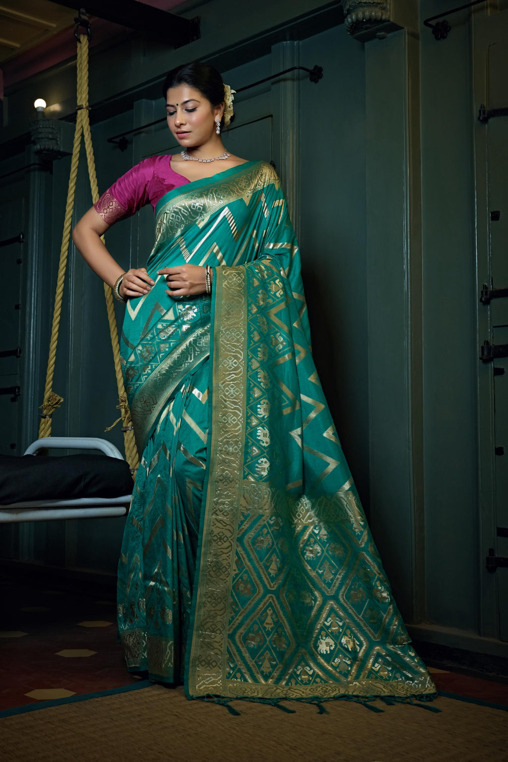 Vardha Tiffany Blue Golden Zari Banarasi Silk Saree | Grocsy