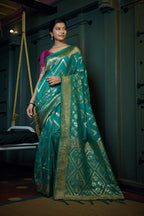 Vardha Tiffany Blue Golden Zari Banarasi Silk Saree | Grocsy