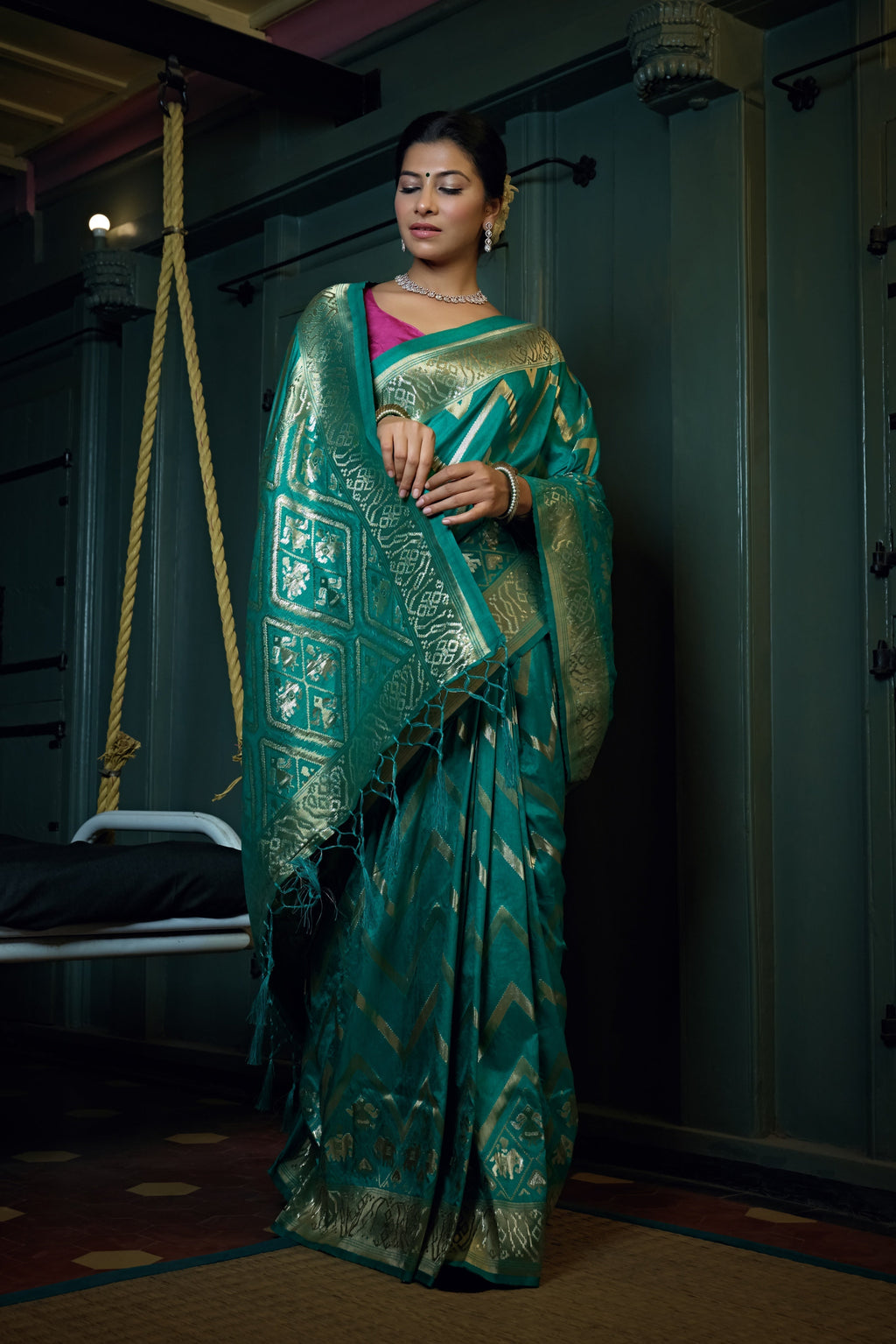 Vardha Tiffany Blue Golden Zari Banarasi Silk Saree | Grocsy
