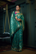 Vardha Tiffany Blue Golden Zari Banarasi Silk Saree | Grocsy