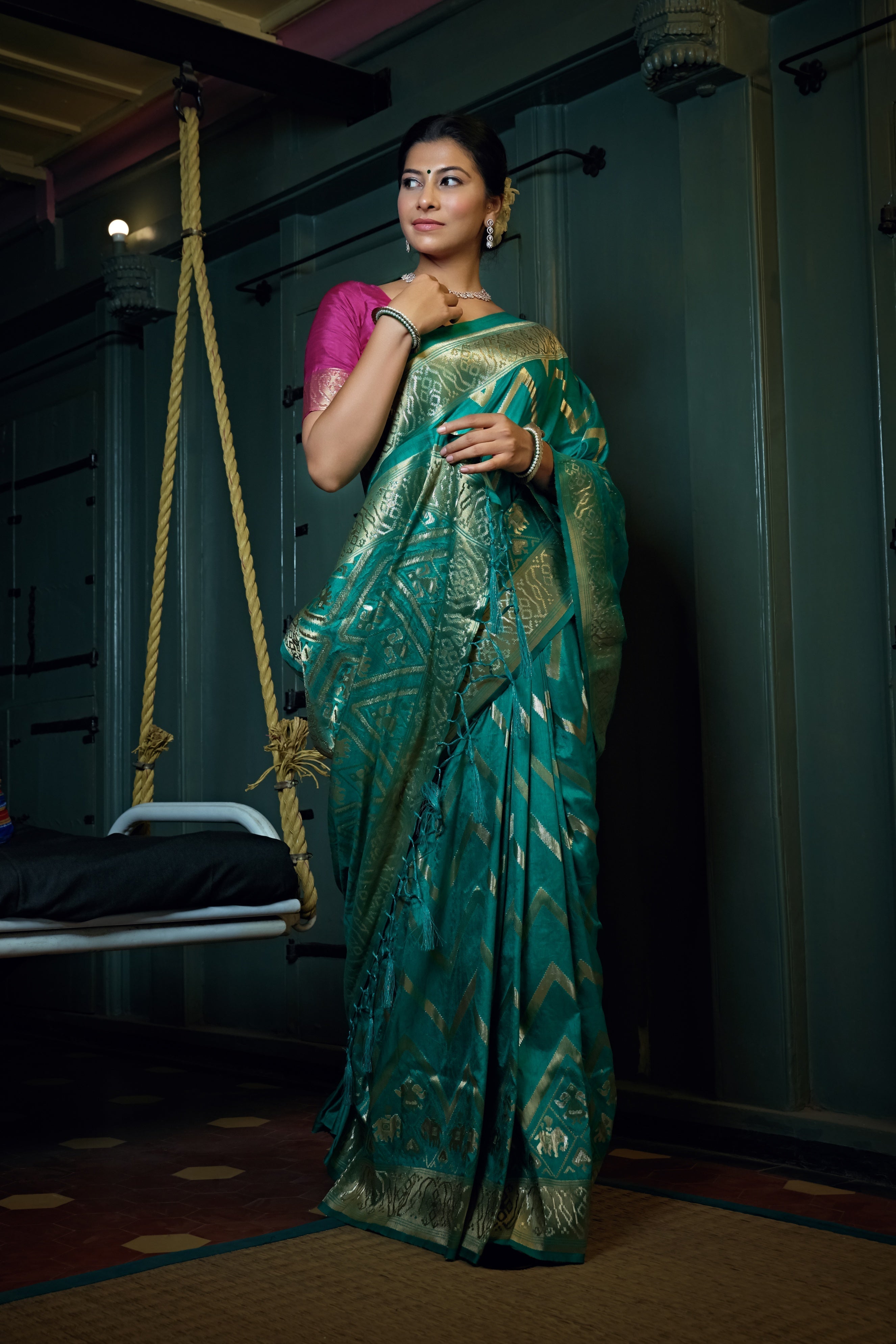 Vardha Tiffany Blue Golden Zari Banarasi Silk Saree | Grocsy