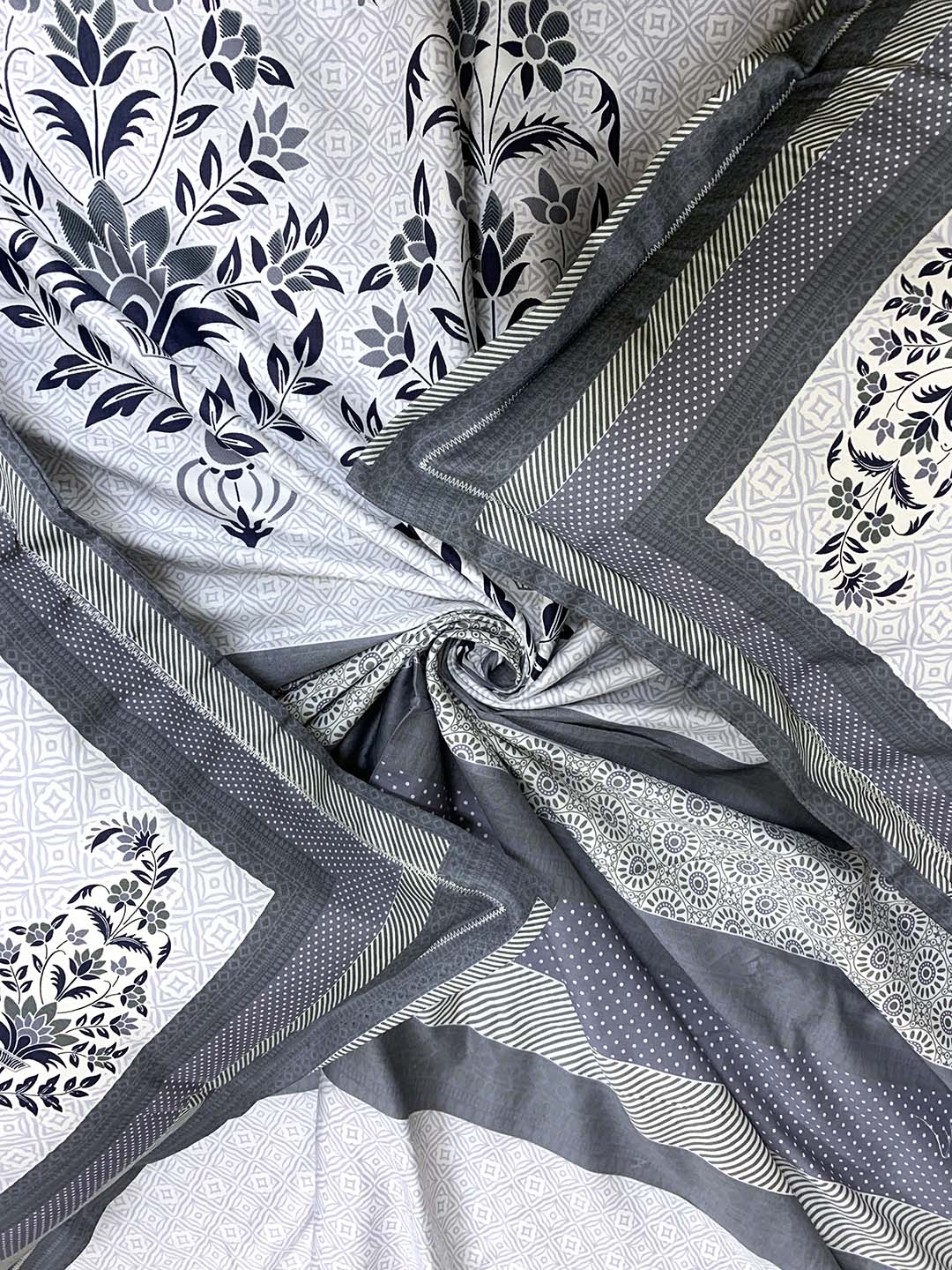 BELLA CASA Off White & Blue Ethnic Motifs 350 TC Cotton King Bedsheet with 2 Pillow Covers | Grocsy